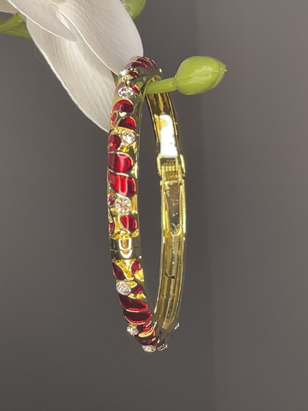 Gold-Tone Red Enamel Hoop Earrings with Crystals